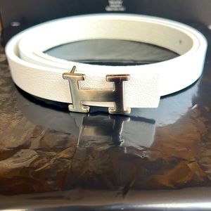 White with silver buckle H leather belt